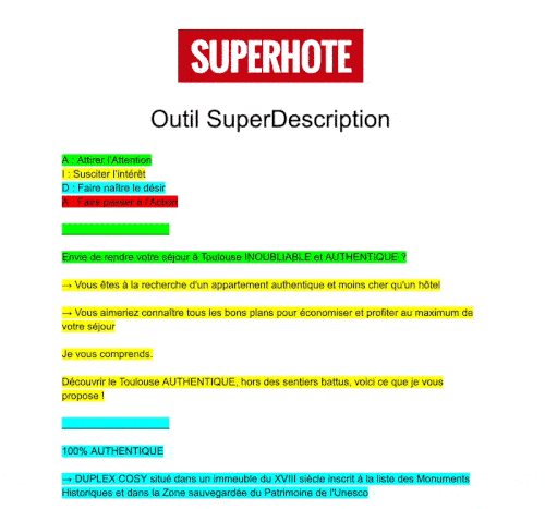 Aperçu du modèle SuperDescription sur Google Docs.